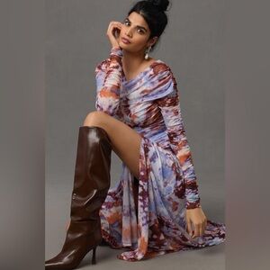 By Anthropologie Long-Sleeve Printed Shirred Midi Dress